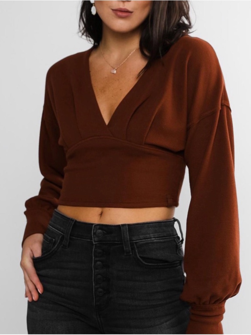 Free People Women's Red Jasper Long Sleeve All Nighter Thermal Cropped Top Sz Me